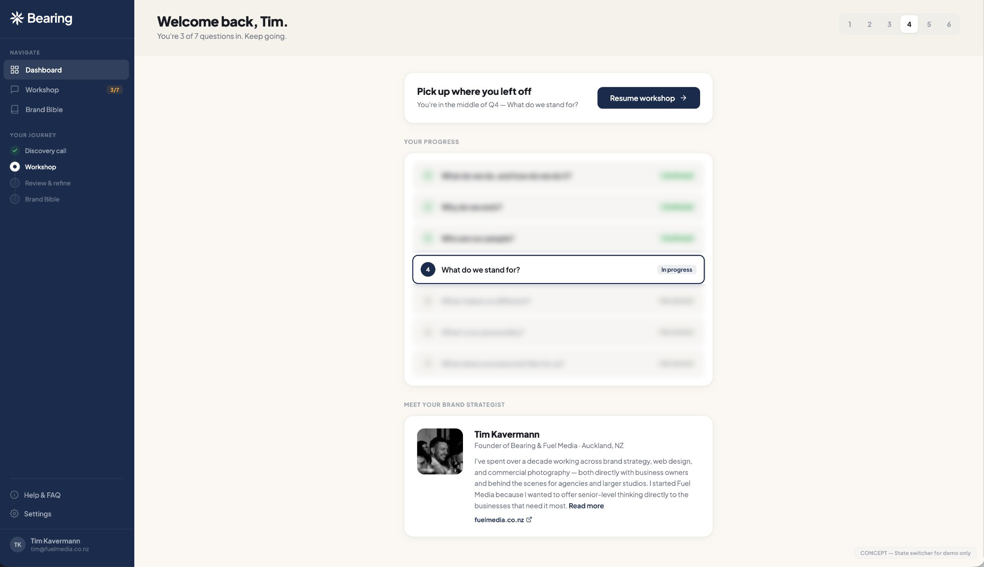 Bearing Dashboard — your brand strategy home base
