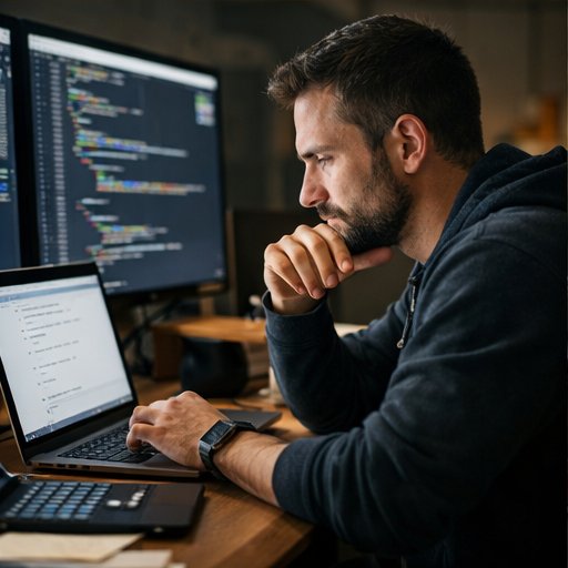 Tech founder working on code at multiple screens
