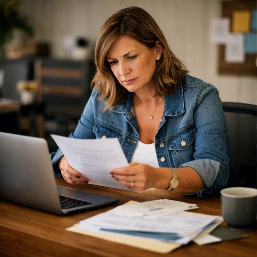 Established business owner reviewing documents at her desk
