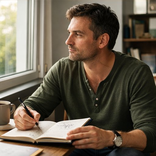 Visionary sketching ideas in a notebook by the window